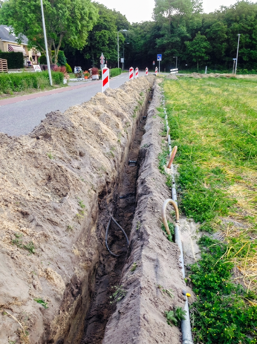 Sleuf langs de weg voor grond- en kabelwerk