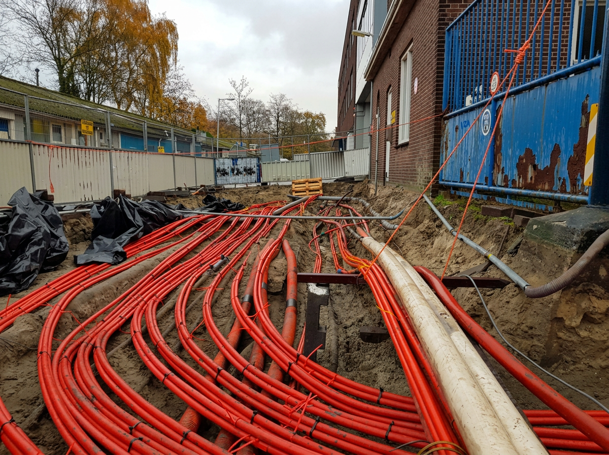 Rode elektriciteitskabels en buizen in een sleuf naast een gebouw